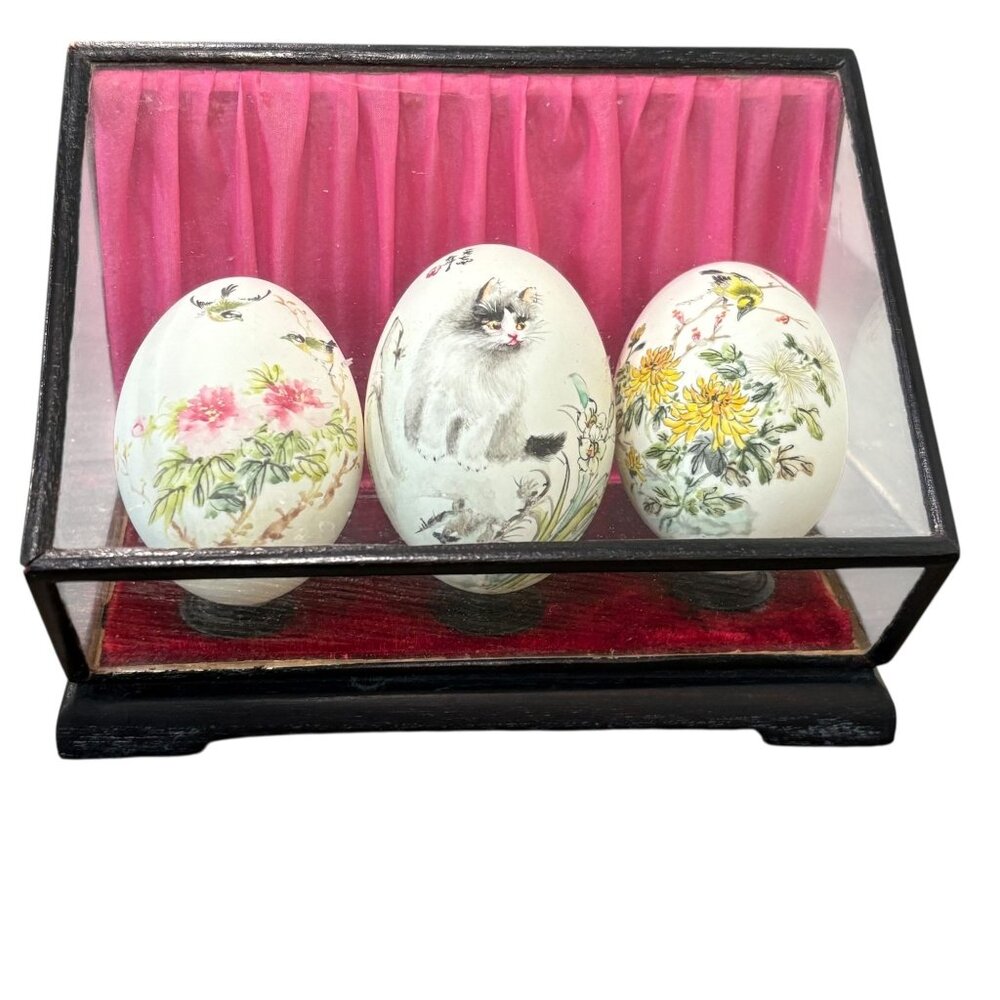 Hand-Painted Decorative Eggs In Glass Display Case With Pink Velvet Backdrop